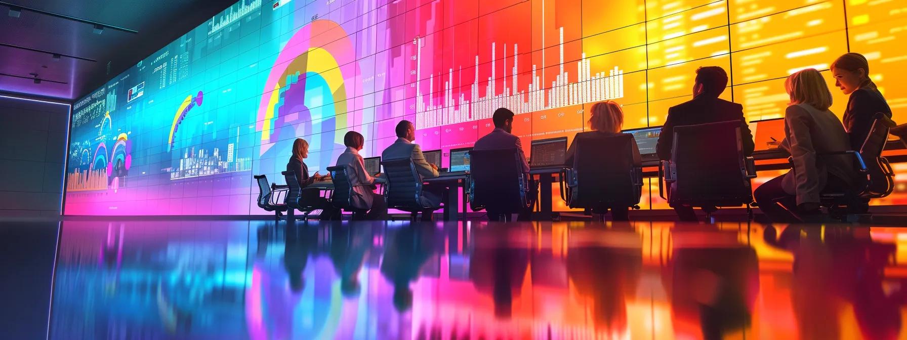 a dynamic boardroom filled with engaged professionals analyzing vibrant charts and graphs that visually represent the impact of customer reviews on business growth.